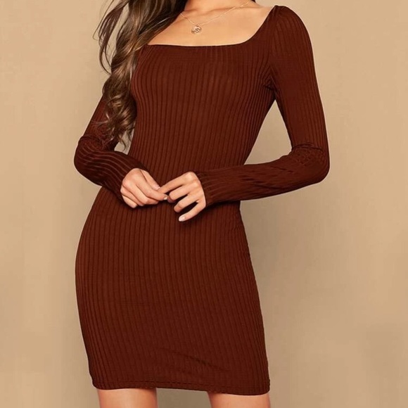 SHEIN Dresses & Skirts - Brown Square Neck Rib-Knit Bodycon Dress